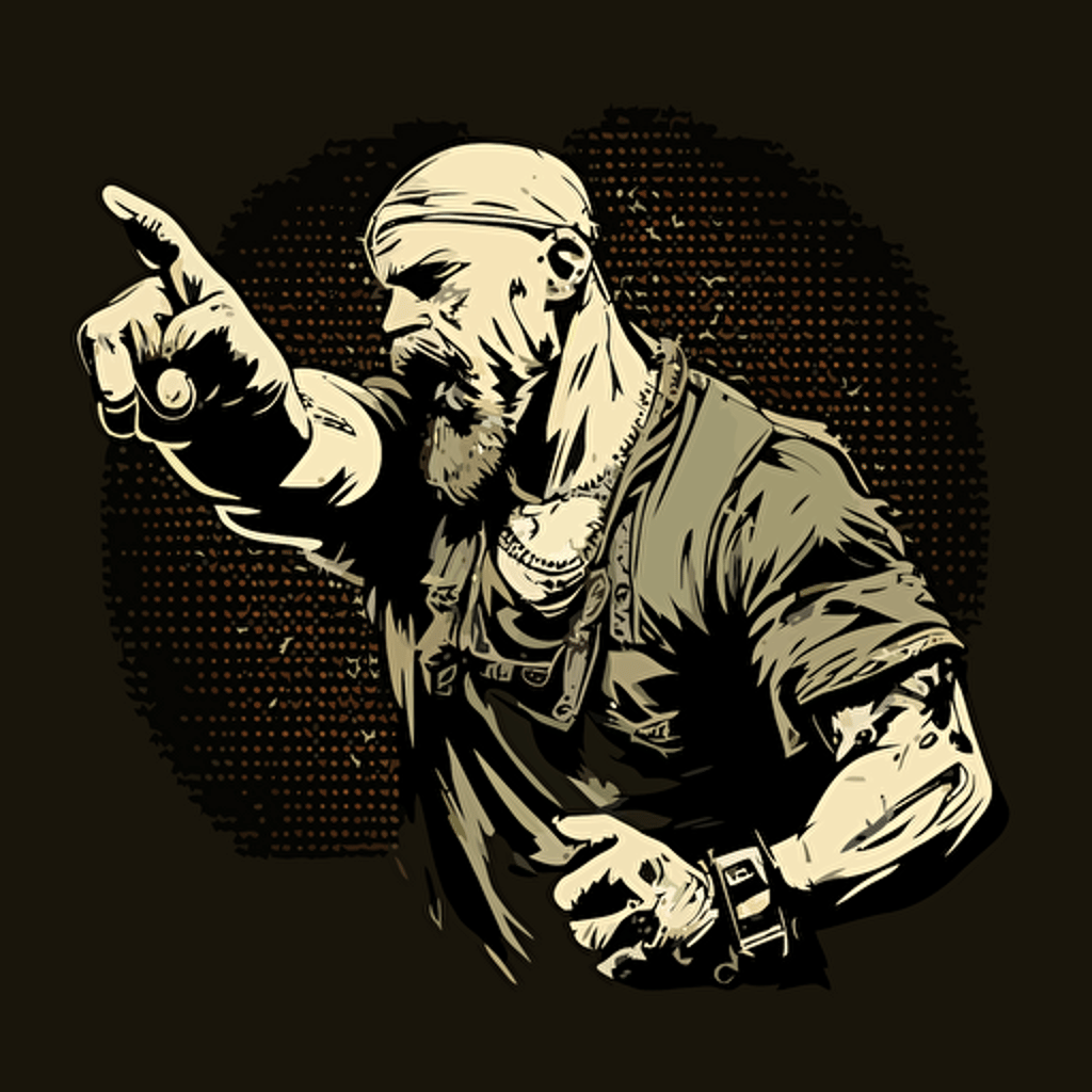techno viking jacked and wearing cargo pants raving and pointing with his right forefinger in air, illustration, vector, gta style, logo, hd