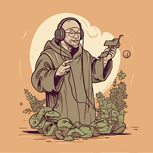 franciscan monk enjoying, with headphones, holding pint, hop plant, comic vector illustration style.