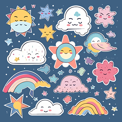 Suns, moons, stars, rainbows, clouds, stickers, set, collection Simple vector , cliparts