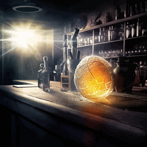 one juicy fruit at the bar counter, analog, smoky, distorted, abstract, fantasy scene, dimmed lights, depth of field, rough, textured, grainy surface, dusty, vector, colour areas