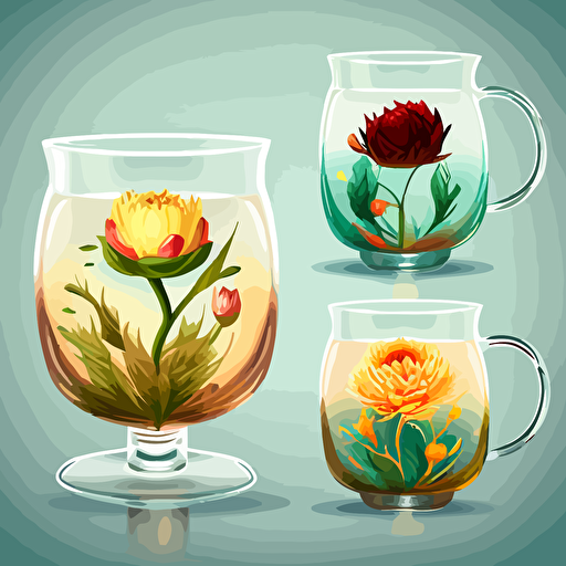 show progression of blooming tea bud in glass mug vector