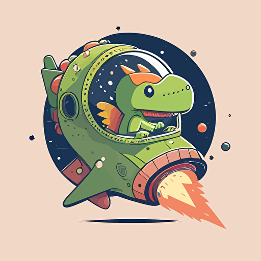 dinosaur flying in a spaceship minimalist simple basic, cute happy smiling adorable, isolated solid background, vector illustration style