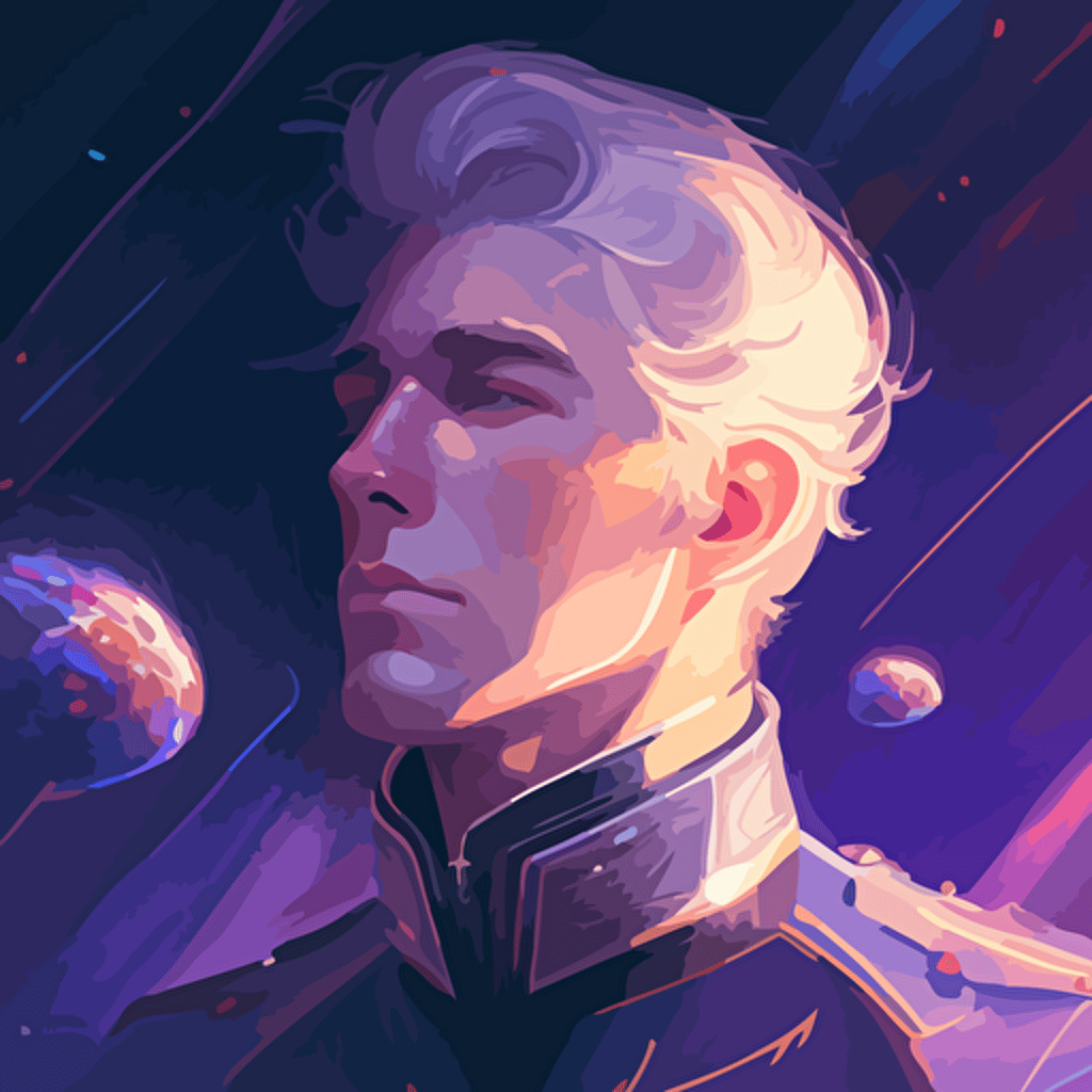 prince charles floating in space, gazing in wonder at a quasar, Clear, detailed face. Clean Cel shaded vector art by lois van baarle, artgerm, Helen huang, by makoto shinkai and ilya kuvshinov, rossdraws, illustration