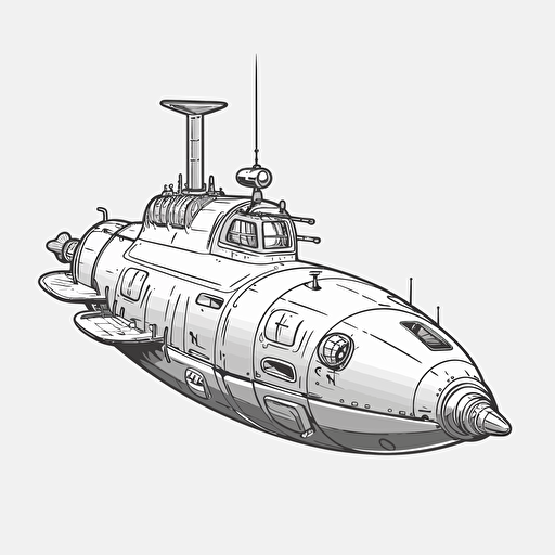 simple submarine, vector, black and white, no shading, underwater