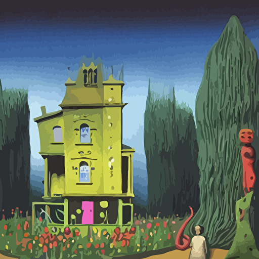 tim burton haunted house cartoon animated 3d rendered model dark colours house stilts swamp background satrry night artwork rene magritte joan miro frida kahlo