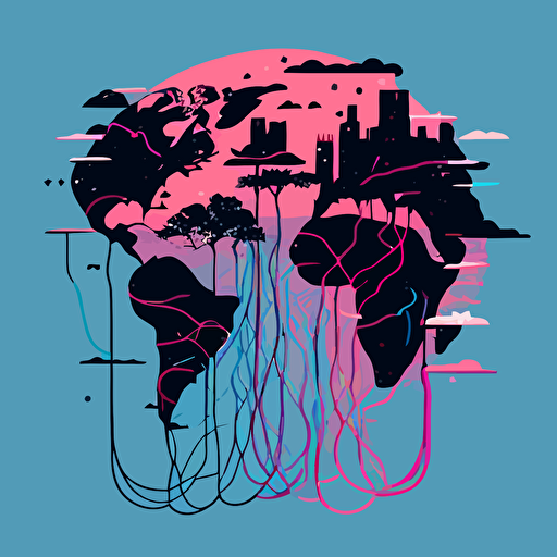 flat vector, world on wires, pink and blue