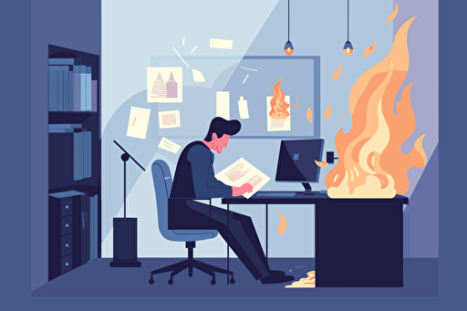 Person in an office burning money, flat style illustration for business ideas, flat design vector, industrial, light and magical, high resolution, entrepreneur, colored cartoon style, light indigo and dark indigo, cad( computer aided design) , white background