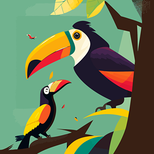 vector illustration of a small toucan winning over big toucan, friendly, colorful