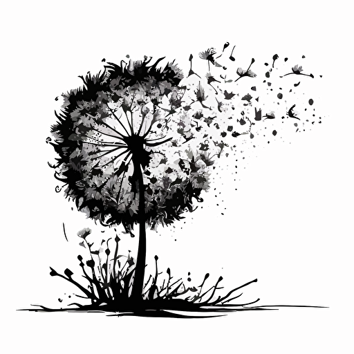vector 2d image black ink dandelion left handside blowing in the wind away to the right