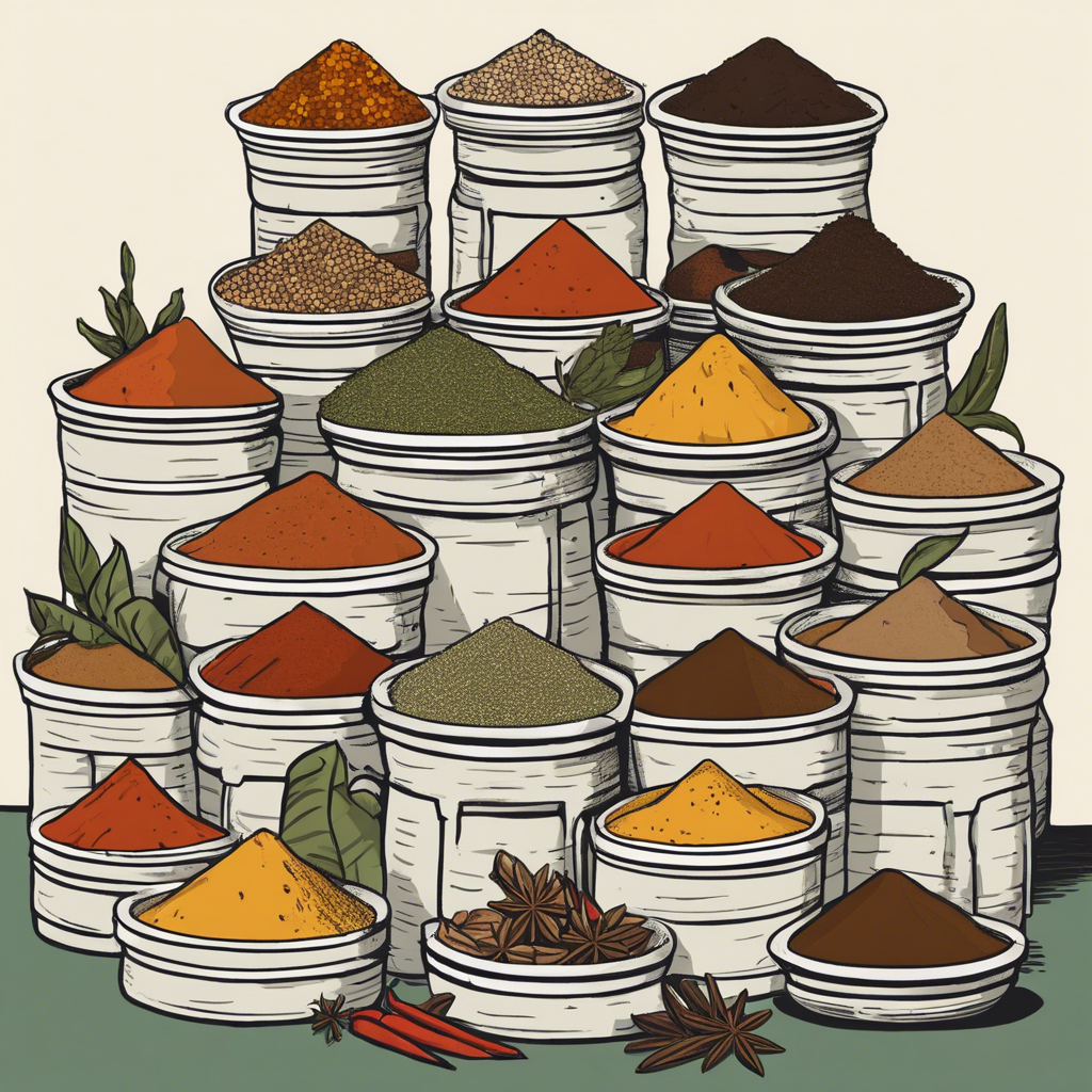 Stack of colorful spices at a market, illustration in the style of Matt Blease, illustration, flat, simple, vector