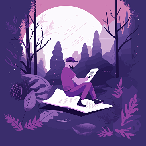 a young man writing into his journal, sitting in a forest. Artsy flat vector illustration, light purples