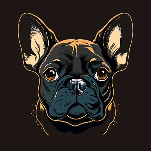 dark french bulldog head, cartoon eyes, friendly but focused, wry smile, vector logo, vector art, emblem, simple, cartoon, 2d