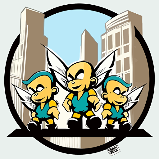 three pixies in the bad part of the city, vector logo, vector art, emblem, simple cartoon, 2d, no text, white background