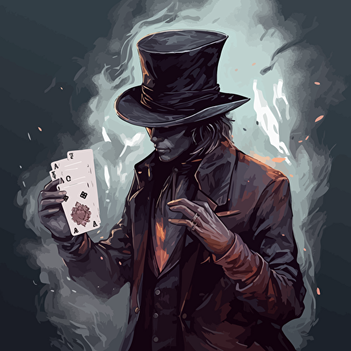 concept art, vector, gambler, holding a deck of cards, wearing a hat, fancy suit, smoking a cigarette