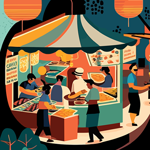 colorful vector art, asian food stalls in a worm hole