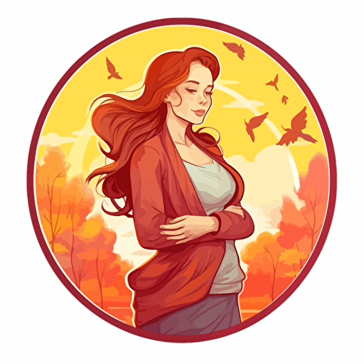 2d illustration, pregnant mother, autumn simple vector colorful sticker
