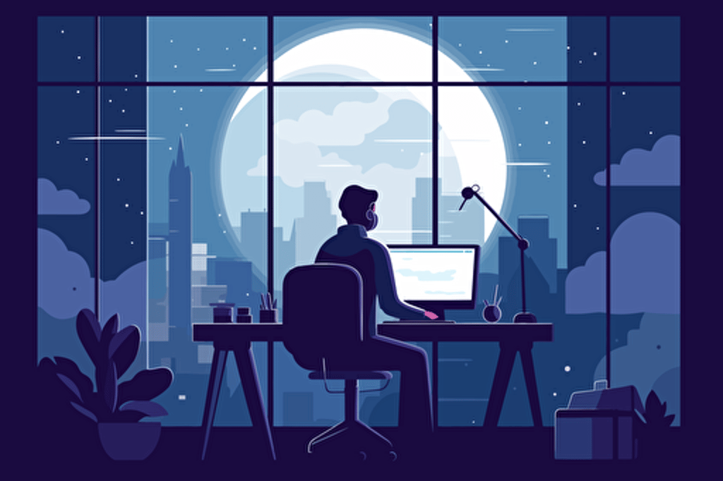 person working in office, the moon from Majora’s mask is outside the window, flat style illustration for business ideas, flat design vector, industrial, light and magical, high resolution, entrepreneur, colored cartoon style, light indigo and dark indigo, cad( computer aided design) , Lois van baarle, white background