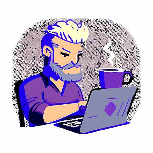 vector art style, A web developer Blond and stubble man High concentration happy , typing code and drinking coffee, giving off incandescent light, use blues and purples, in the style of Michael Parks, sticker