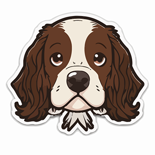 Cute, happy, english springer spaniel dog head sticker logo, chibi style, cartoon, clean, vector, 2d, white background, no accessories, without accessories, no text, without text