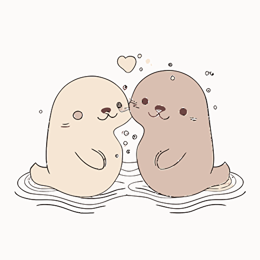 superflat kawaii cute anime vector illustration of two seal in love, kawaii, white background, extremely few outline stroke, simple illustration, 2d