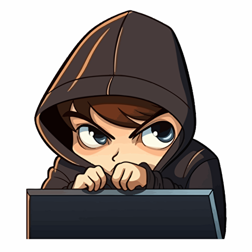 a young hacker boy peeking over a fance. he's wearing a hoodie. cute, cartoonish, vector, manga.