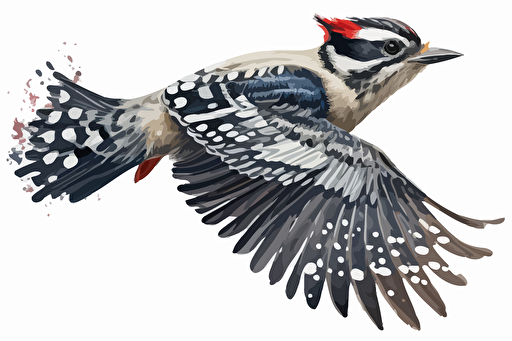 downy woodpecker flying watercolored, white background, vector file, high resolution, great detail
