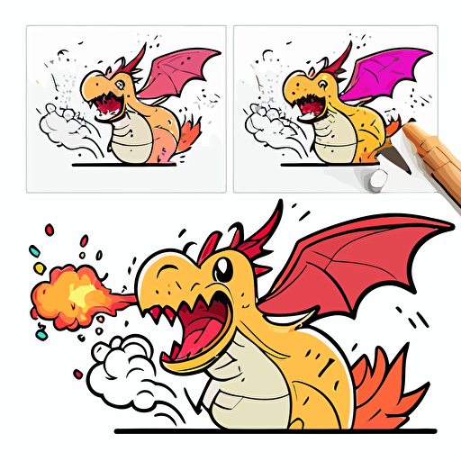 draw a 2D vector, cartoon, happy scene about flying dragon throwing fire from its mouth, a simple drawing, in color but bordered with a black line, flat drawing and without details on a white background