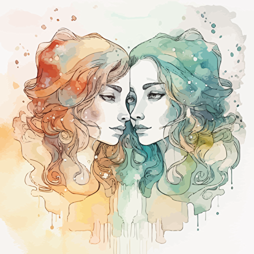vector line drawing of gemini twins, with multicolor, watercolor background.