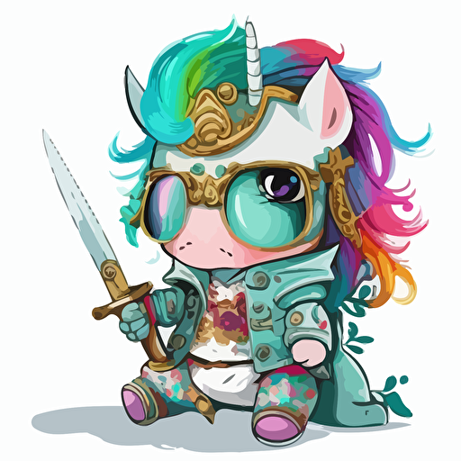 a very cute baby girl unicorn wearing very big sunglasses dressed up as a warrior, as a cartoon type, as a vector, white background, bright graffiti colors