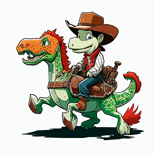 eligator in cowboy style sittin on running horse, cartoon style in decoit, pop colors, vector art