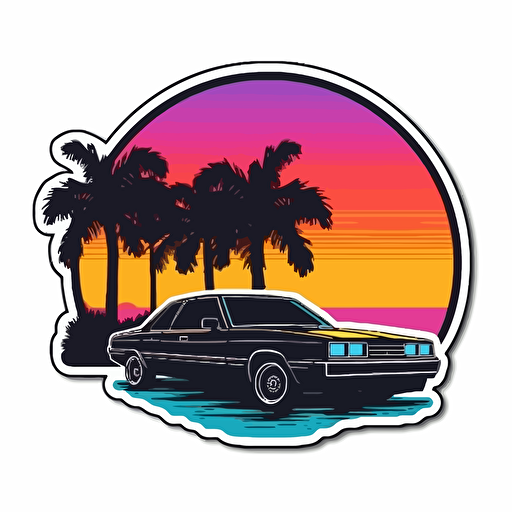sticker, miami vice colored sunset, contour, vector, white background