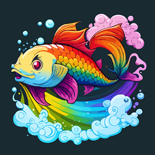 mascot logo of a cute rainbow cartoon koi fish, happy, whimsical, artist, artistic, inspired by Studio Ghibli, colorful, creative, vector, airbrush