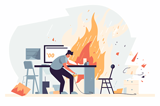 Person in an office burning the computer, flat style illustration for business ideas, flat design vector, industrial, light and magical, high resolution, entrepreneur, colored cartoon style, cad( computer aided design) , white background