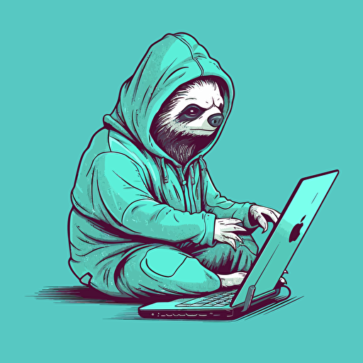 Cute vector image of sloth holding in a hoodie, holding computer, Hanging on edge, cyan color scheme,