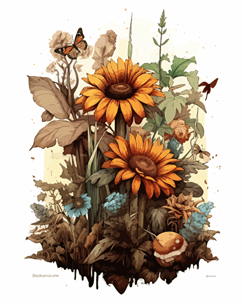 detailed botanical illustration showcasing a variety of plant species in earthy tones. The composition should include plants such as ferns, sunflowers, and ivy, with intricate details that highlight the beauty of each species. Emphasize the use of natural, earthy colors to create a harmonious and organic visual experience. White background, vector