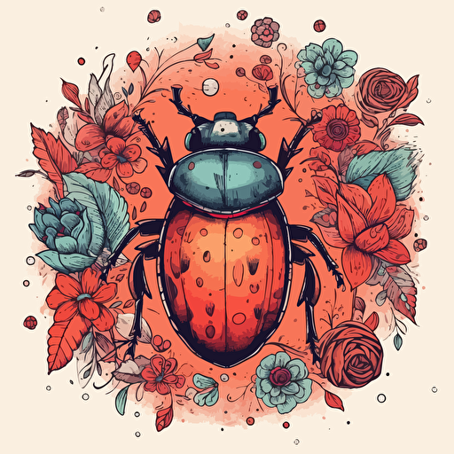 a beautiful fairycore ladybug with a surrounding floral design in detailed drawing style + simple vector + bright colors on a white background