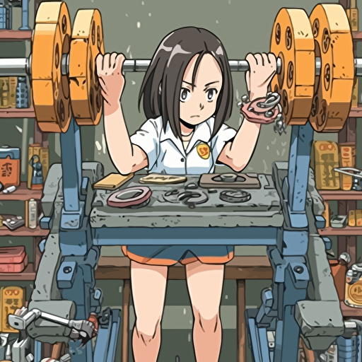 Yui from K-on anime manga is doing bench press with four plates each side of the weight bar, spotted by a robot mecha, in the style of jojo anime