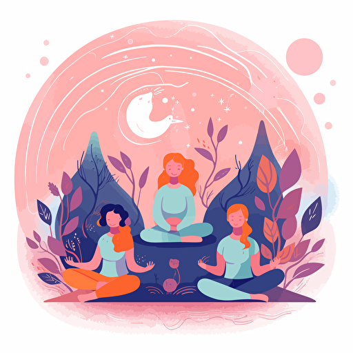 yoga illustration vector :: an illustration vector of two kids and their two parents doing yoga together :: meditation :: kids are in the center of the illustration and the adults are on the sides :: adobe illustrator style, happy faces, colored with hex: 90caf9 and hex: ffb347, UHD