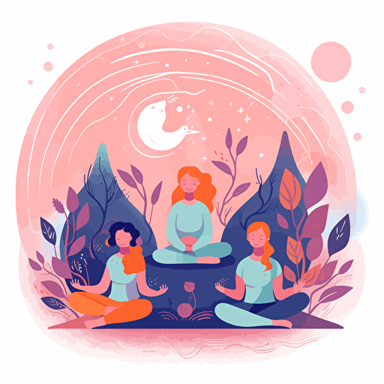 yoga illustration vector :: an illustration vector of two kids and their two parents doing yoga together :: meditation :: kids are in the center of the illustration and the adults are on the sides :: adobe illustrator style, happy faces, colored with hex: 90caf9 and hex: ffb347, UHD