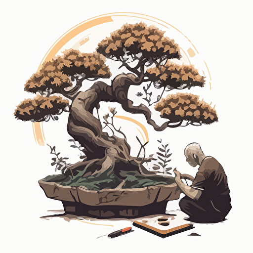 Drawing from the Japanese art of bonsai, design a vector illustration of Satoshi Nakamoto meticulously tending to his bonsai collection, carefully pruning and shaping the miniature trees. Set the scene in a serene garden surrounded by nature.