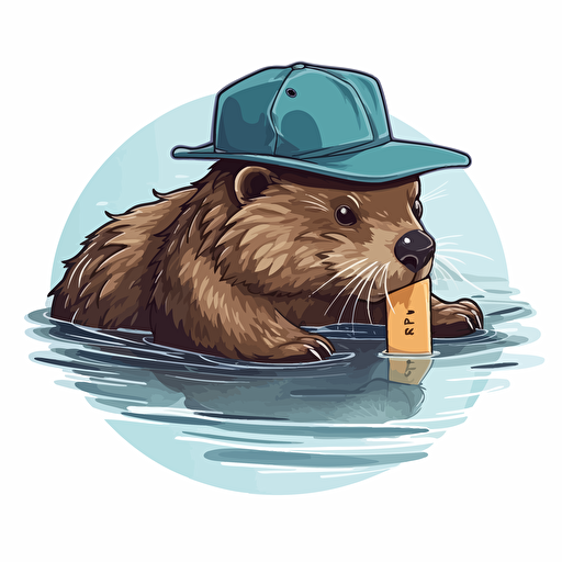 vector beaver with an engineer hat swimming in a data lake sticker in the style of meme art, with white background