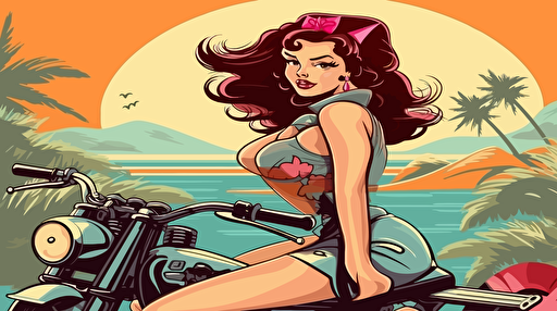 Disney cartoon style, pin up girl with a chopper motorcycle, contrast colors, shadows, good vibes, happy, tropical, vector