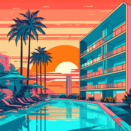 80's, poolside, city pop, palm trees, California, cocktails, vector art