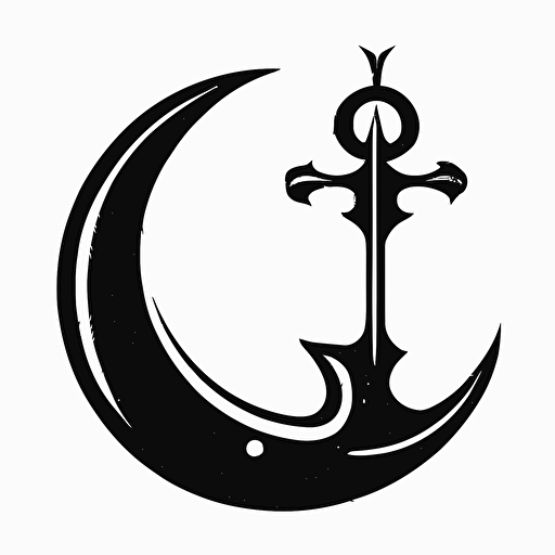 vector logo of an anchor that loosely resembles a crescent moon and star in a simple, solid black and white stye. The anchor should be slightly tilted and the star should be connected to the crescent moon