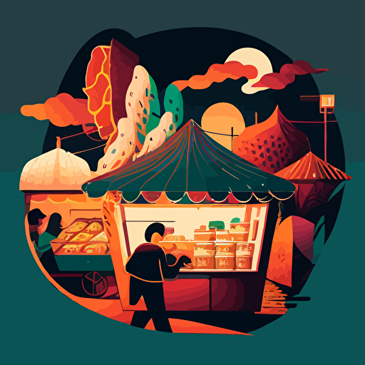 colorful vector art, asian food stalls in a worm hole