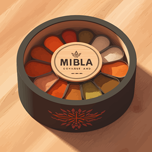 minimalist vector illustration of indian spice box (masala dabba). Top perspectivr closeup on a wooden table. Strong light and shadow. Style of Malika Favre and Owen Davey