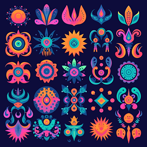 assorted group of vectorized ornates, colorful, flat art