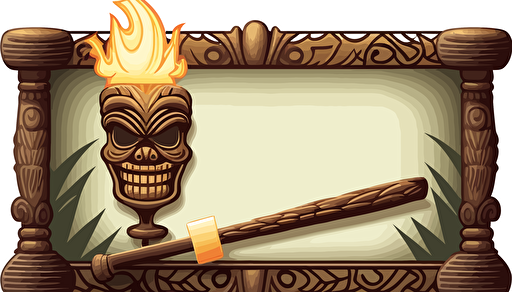 horizontal rectangular tiki frame with blank sign and a tiki torch on either side with transparent background in vector format