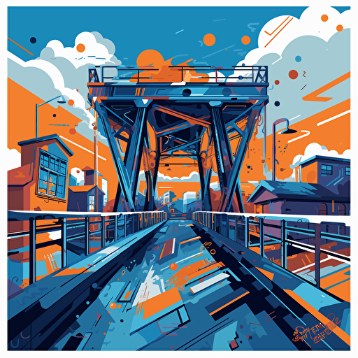 a vector image of a community building a bridge, blue and orange and dark gray, graffiti style