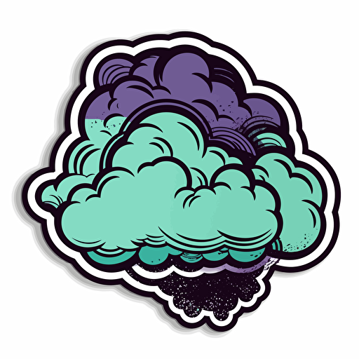 Sticker of an isolated comic thought cloud, vector, in the style of Shepard Fairey, color purple teal black white, no shadow, white background